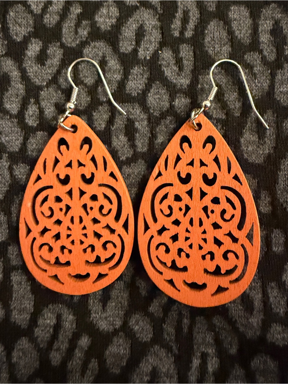 Orange Wooden Teardrop Filigree Dangle Earrings